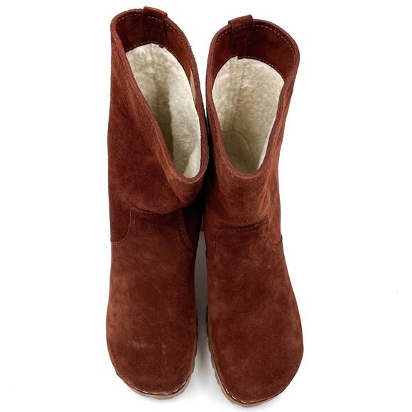 Swedish Hasbeens Suede Teddy Boots Platform Cognac Block Heel Pull On Sz 37 / 7 - Picture 3 of 10